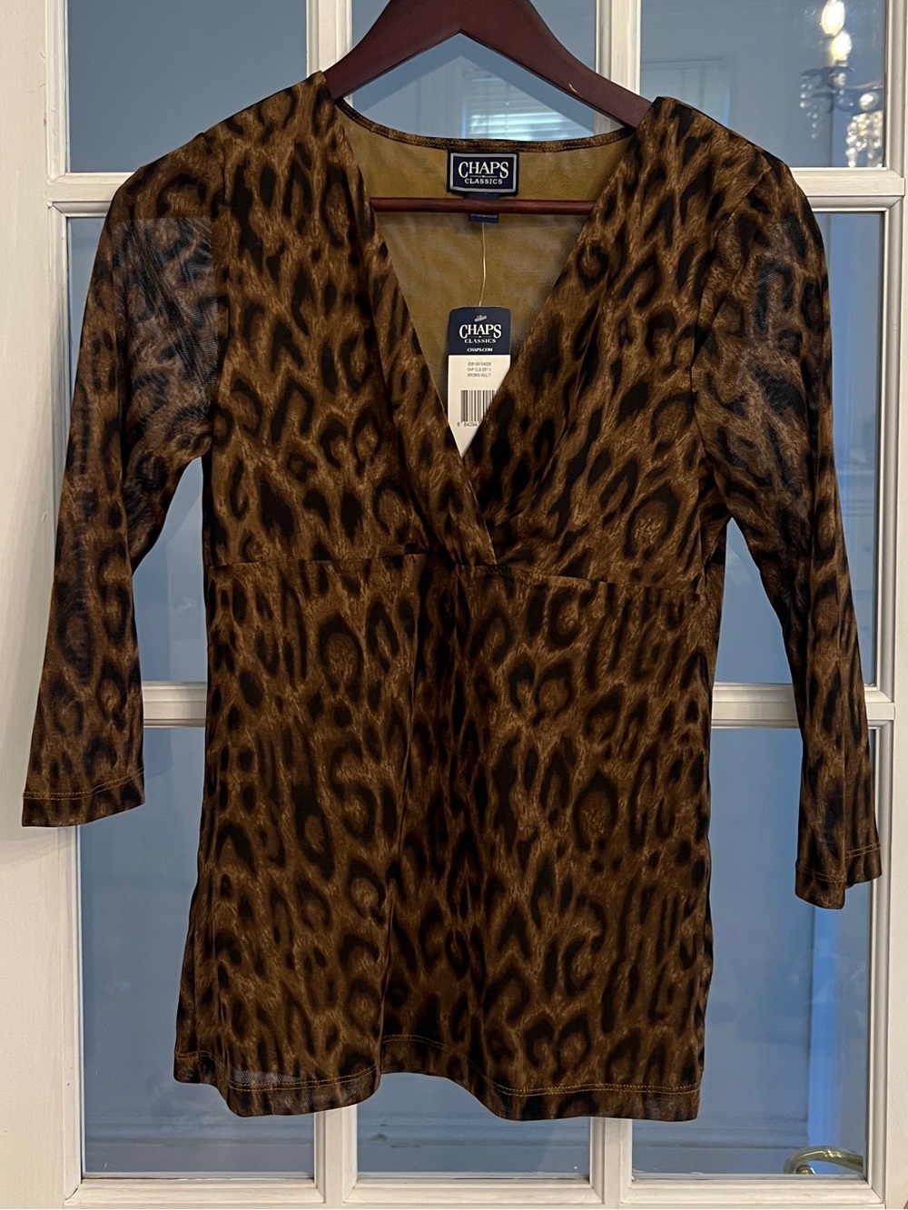 CHAPS Women’s Leopard Animal Print Mesh Surplice Top Brown NWT Size L